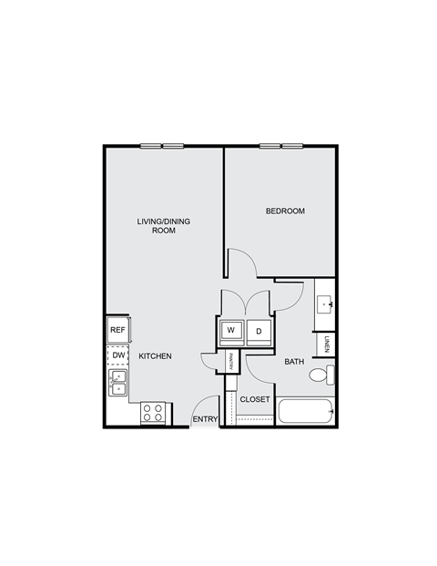 Floor plan for 1 bed, 1 bath, 762 sqft